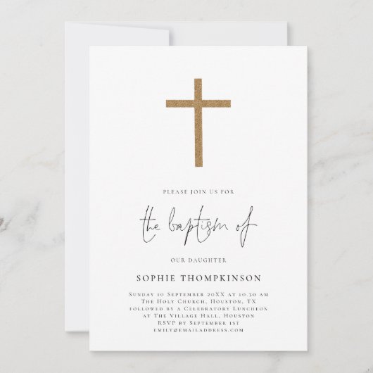 ミニマル金ゴールドグリッタークロスフォトバプテスマ 招待状 (正面)