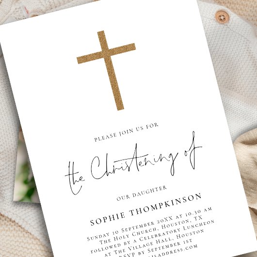 ミニマル金ゴールドグリッタークロスフォト《キリスト教》洗礼式や命名式 招待状