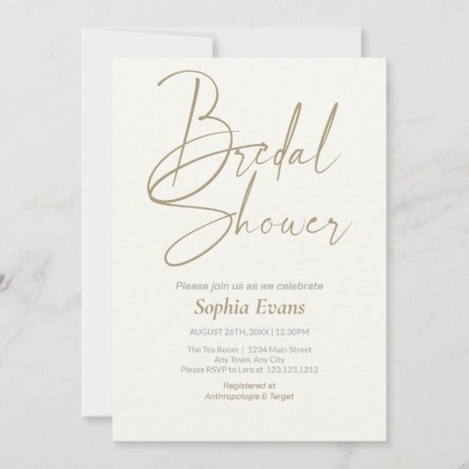 ミニマル金ゴールドシルバーホワイトクリームブライダルシャワー 招待状 (正面)