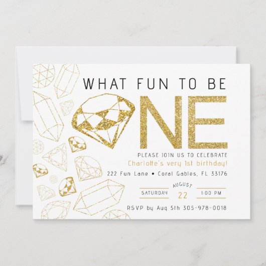ミニマル金ゴールドジェムファースト誕生日パーティー招待状 招待状 (正面)