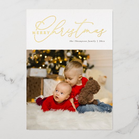 ミニマル金ゴールドスクリプトフォトメリークリスマス 箔シーズンカード (正面)