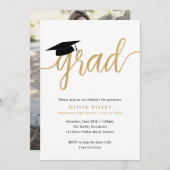 ミニマル金ゴールドスクリプト卒業キャップフォト 招待状 (正面/裏面)