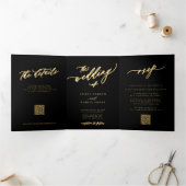 ミニマル金ゴールドスクリプト結婚すべて 三つ折り招待状 (内部)