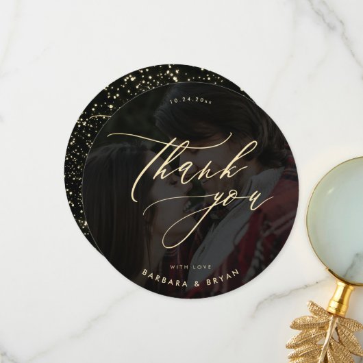ミニマル金ゴールドスクリプト結婚グリッターの写真 サンキューカード (正面/裏面インサイチュ)