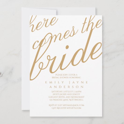 ミニマル金ゴールドタイポグラフィブライダルシャワー モダン 招待状 (正面)