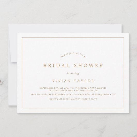 ミニマル金ゴールドタイポグラフィ水平ブライダルシャワー 招待状 (正面)