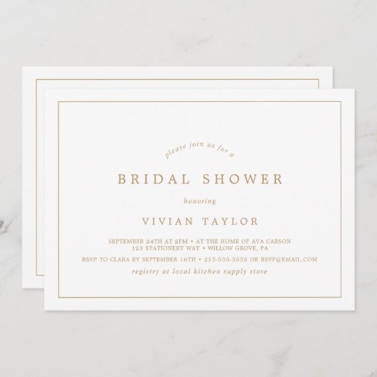 ミニマル金ゴールドタイポグラフィ水平ブライダルシャワー 招待状 (正面/裏面)