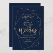 ミニマル金ゴールドネイビーブルー幾何結婚図形 招待状 (正面/裏面)