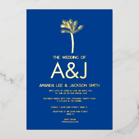 ミニマル金ゴールドパームツリーブルー結婚ズ 箔招待状 (正面)