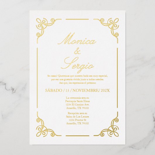 ミニマル金ゴールドフォイル結婚ズ 箔招待状 (正面)