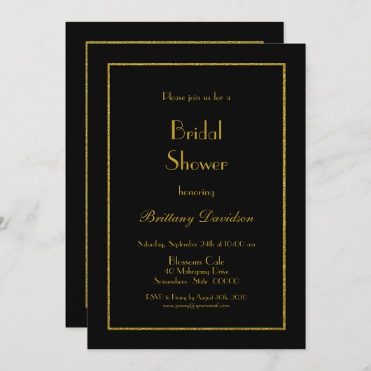 ミニマル金ゴールドフレームブラックブライダルシャワー 招待状 (正面/裏面)