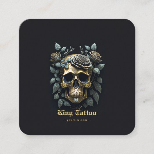 ミニマル金ゴールドフローラスカルタトゥーアーティスト スクエア名刺 (正面)