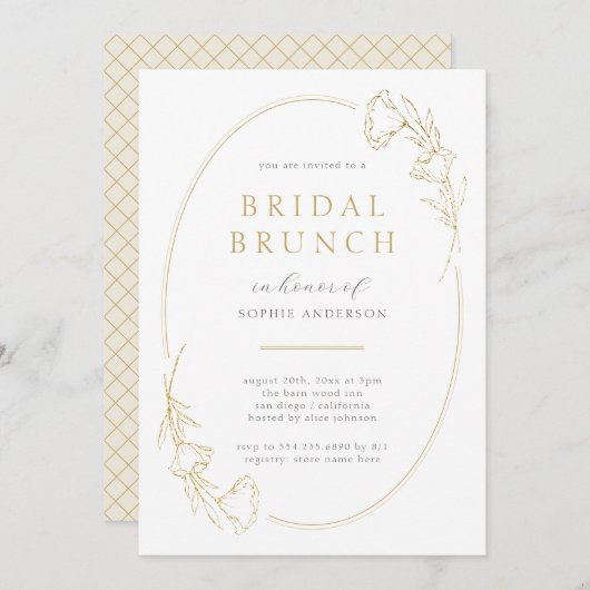 ミニマル金ゴールドフローラブライダルシャワーブランチ 招待状 (正面/裏面)