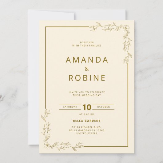 ミニマル金ゴールドフローラ結婚式招待状 招待状 (正面)
