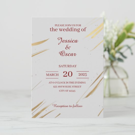 ミニマル金ゴールドブラシストローク結婚デザイン 招待状 (スタンド正面)