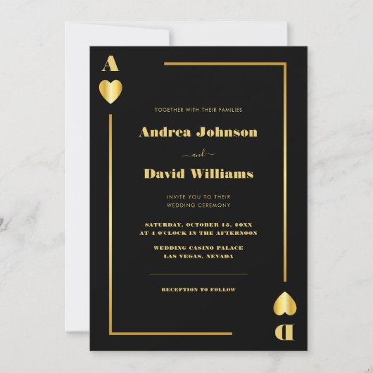 ミニマル金ゴールドブラックベガスカジノ結婚トランプのポーカー 招待状 (正面)