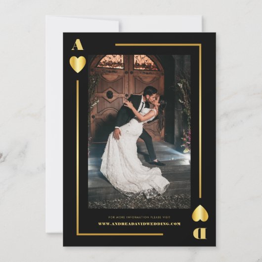 ミニマル金ゴールドブラックベガスカジノ結婚トランプのポーカー 招待状 (裏面)