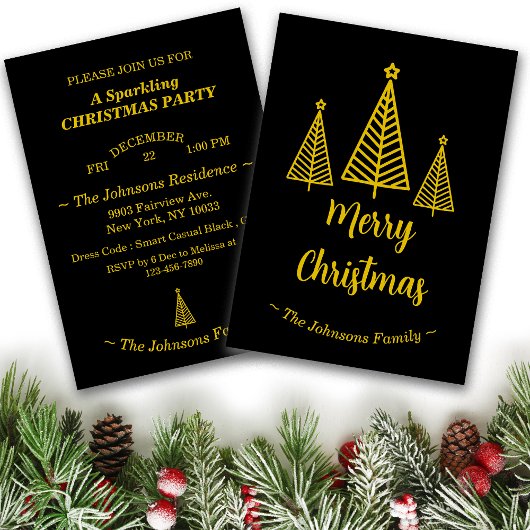 ミニマル金ゴールドブラックメリークリスマスパーティー 招待状