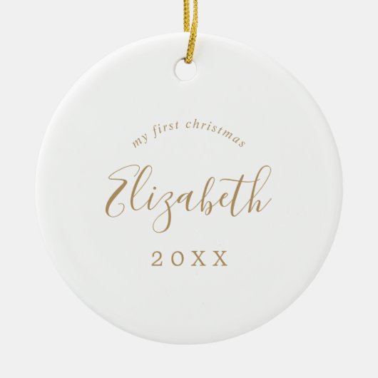 ミニマル金ゴールドベビーの初めてのクリスマス生まれたばかりの写真 セラミックオーナメント (正面)