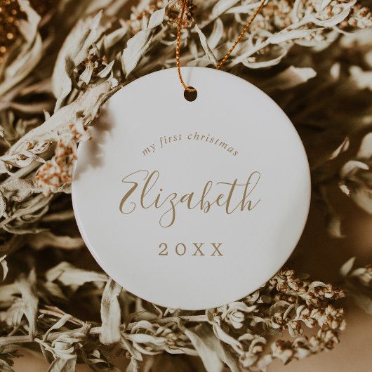 ミニマル金ゴールドベビーの初めてのクリスマス生まれたばかりの写真 セラミックオーナメント