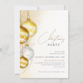 ミニマル金ゴールドホワイトオーナメントクリスマスパーティー 招待状 (正面)