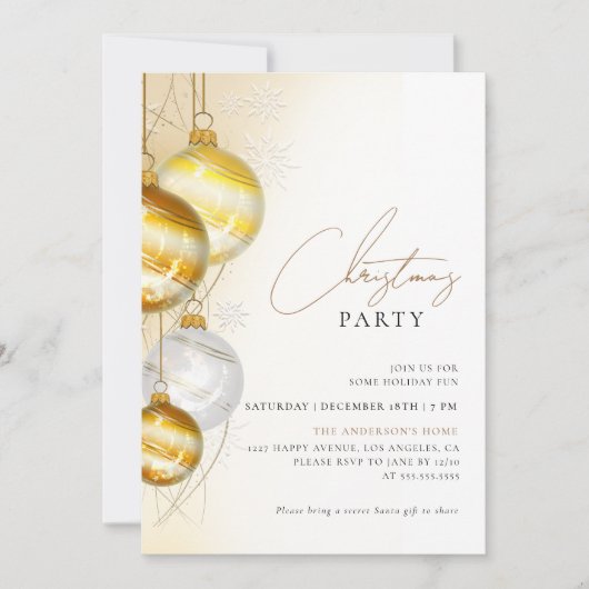 ミニマル金ゴールドホワイトオーナメントクリスマスパーティー 招待状 (正面)