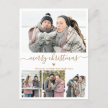 ミニマル金ゴールドホワイト4フォトクリスマスポストカード