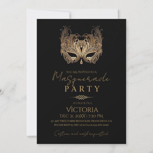 ミニマル金ゴールドマスカレードパーティー誕生日 招待状 (正面)