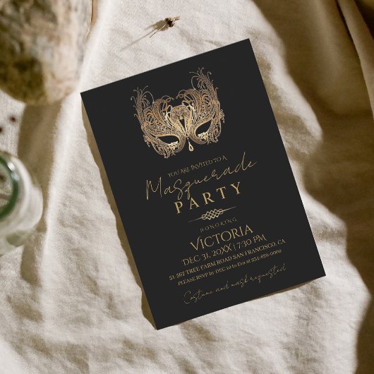 ミニマル金ゴールドマスカレードパーティー誕生日 招待状