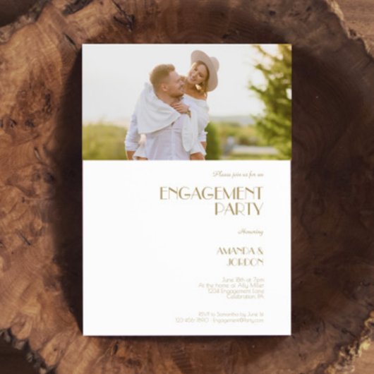 ミニマル金ゴールドモダンデコ婚約パーティ写真 招待状