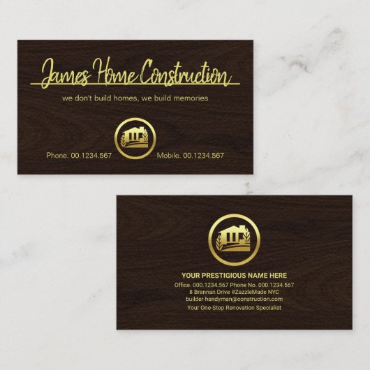 ミニマル金ゴールドライン茶色の木材 名刺 (正面/裏面)