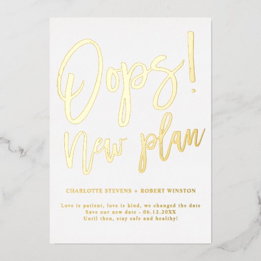 ミニマル金ゴールド新結婚計画の日付の変更 箔招待状 (正面)