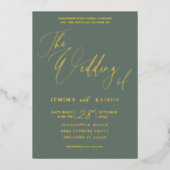 ミニマル金ゴールド書道スクリプトグリーン 箔招待状 (正面)