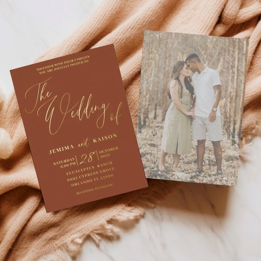 ミニマル金ゴールド書道テラコッタ結婚ズ 箔招待状