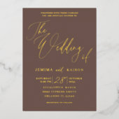 ミニマル金ゴールド書道土結婚調のF 箔招待状 (正面)