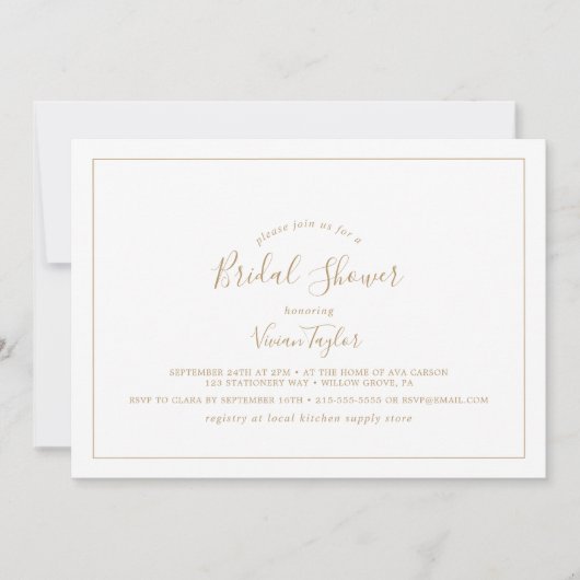 ミニマル金ゴールド水平ブライダルシャワー 招待状 (正面)