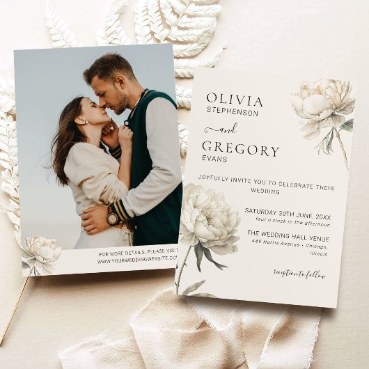 ミニマル金ゴールド牡丹フォト結婚式招待状 セーブザデート