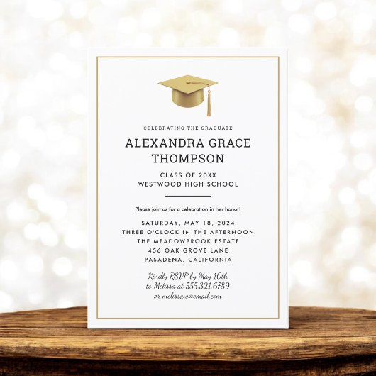 ミニマル金ゴールド白モダン卒業 招待状