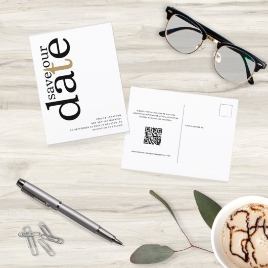 ミニマル金ゴールド白黒QRコード日付の保存 ポストカード