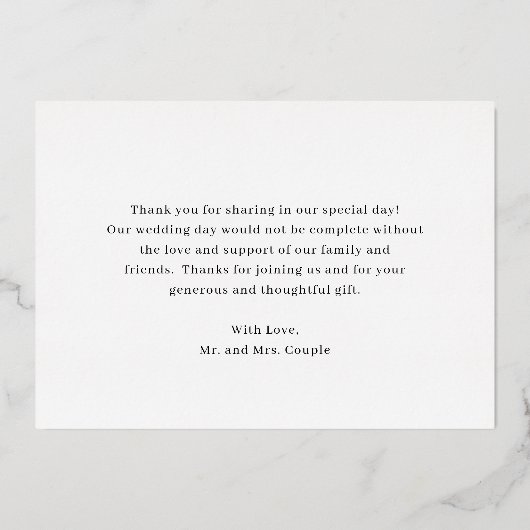 ミニマル金ゴールド結婚写真のサンキューカード 箔招待状 (裏面)