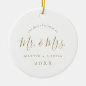 ミニマル金ゴールド結婚初めてのクリスマスの写真 セラミックオーナメント (正面)