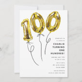 ミニマル金ゴールド100気球100th誕生日パーティー 招待状 (正面)