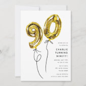 ミニマル金ゴールド90気球90th誕生日パーティー 招待状 (正面)