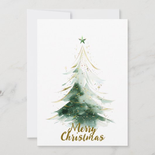 ミニマル金ゴールド&グリーンウォーター色クリスマスツリー シーズンカード (正面)