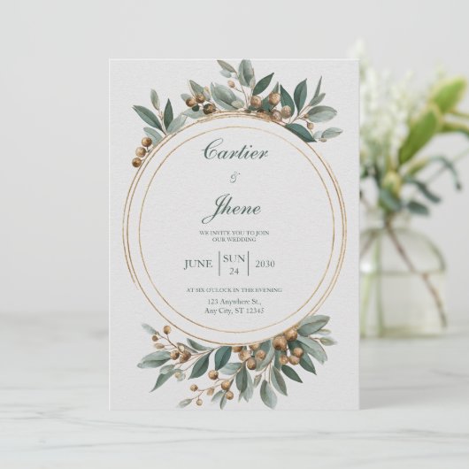 ミニマル金ゴールド&グリーンボタニカルサークル結婚ズ 招待状 (スタンド正面)