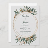 ミニマル金ゴールド&グリーンボタニカルサークル結婚ズ 招待状 (正面/裏面)