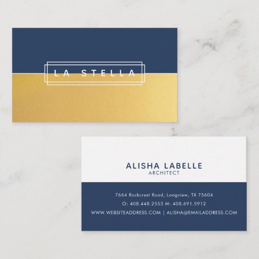ミニマル金ゴールド・ネイビー分割 | 幾何学線フレーム 名刺 (正面/裏面)
