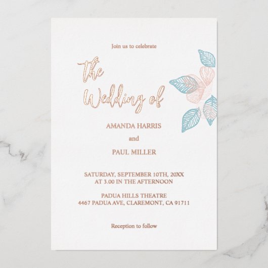 ミニマル金ゴールド/バラ金ゴールドフォイル結婚式招待状 箔招待状 (正面)