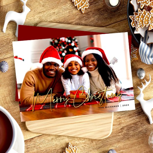 ミニマル金ゴールド&レッドメリークリスマスフォト シーズンカード