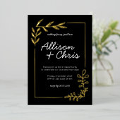 ミニマル金ゴールド、白黒スクリプ結婚ト 箔招待状 (立ち正面)